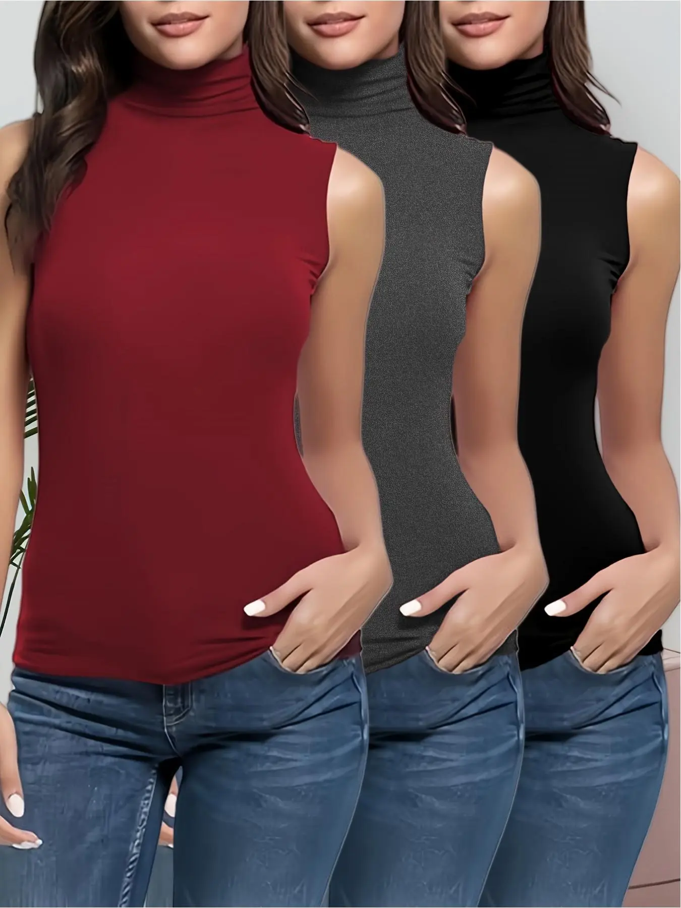 Women's Solid Color Basic Tank Top, Casual Sleeveless Knit Elegant Turtleneck High Neck Top for Summer, Ladies Clothes for Daily Wear