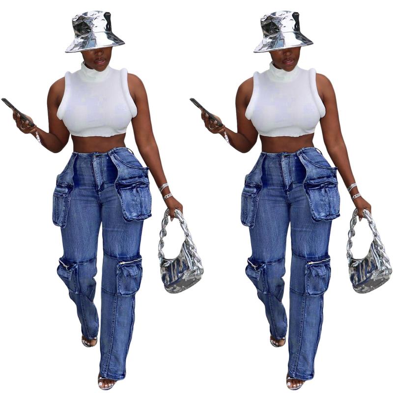 Women High Waisted Cargo Pants Wide Leg Casual Pants 6 Pockets Combat Military Trousers