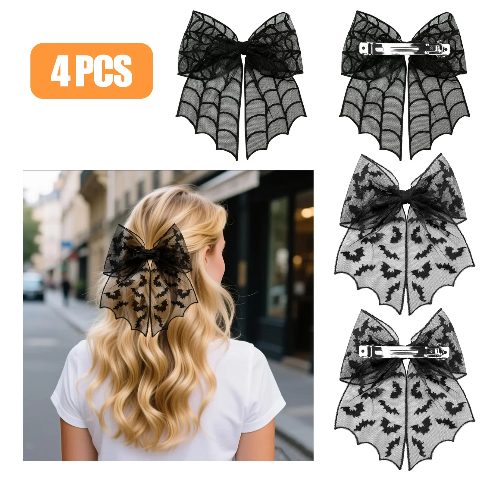 4Pcs Gothic Lace Bow Hair clip - Black Bat Silhouette Hair Accessories for Women & Girls,Spiderweb Lace Hair Bow ,Gift for Halloween,Parties,Costume Events