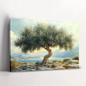 1 hand-painted olive tree decorative painting - Bohemian Mediterranean style wall art, with natural wood frame and olive branches and leaves, suitable for living room, Greek-style decoration - Plant-themed artwork (1 piece)
