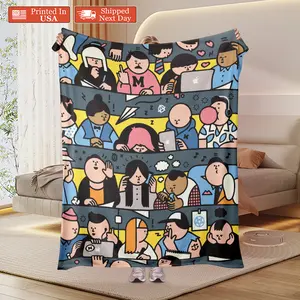 Soft Flannel Throw Blanket, Cute Commuter & Office Worker Cartoon Illustration Art Blanket, Cozy Daily City Life Crowd Scene Throw Blanket for Couch Bed, Aesthetic Urban Worker Decorative Blanket Gift for Home & Travel