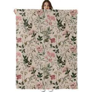 Vintage Floral Blanket, Lightweight Cozy Pink and Green Botanical Throw Blanket Gifts for Women Girls Kids, Soft Warm Flannel Throws for Bed Decor Travel Couch