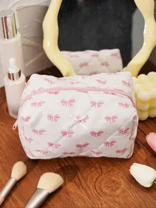 Bowknot Pattern Quilted Makeup Bag, Fashionable Cosmetic Storage Bag with Zipper Pouch, Handheld Cosmetic Pouch, Travel Toiletry Bag for Women & Girls