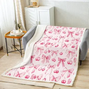 Bowknot Princess Throw Blanket,Pink Bow Cherry Tropical Fruits Patchwork Bed Blanket for Girls Women,Bow-tie Girlish Dreamy Fleece Blanket,Pink Cute Fuzzy Blanket, es