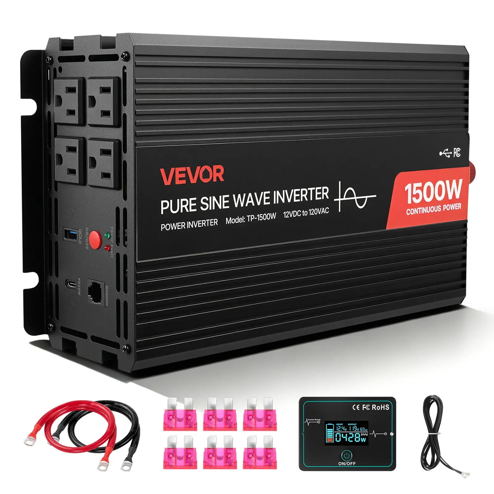 【Summerfinds】VEVOR 1500W Portable Inverter (8.33 lbs, 200W & Above) - 12V DC to 120V AC Pure Sine Wave, Inverter Compatible with RV/Truck, Remote Control, 4 AC Outlets, USB & Type-C Fast Charging for Outdoor Camping, Mobile Offices, Off Grid Inverter
