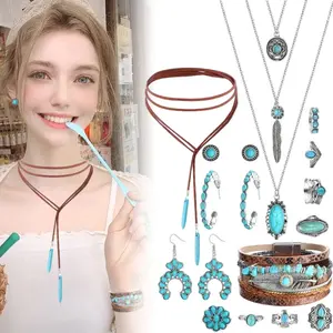 Pack of 14 Bohemian Jewelry Set for Women - Vintage Turquoise Necklace, Earrings, Bracelet, Rings - Alloy with Synthetic Stones,Ear Posts - Ethnic Boho Style for Daily Vacation Wear