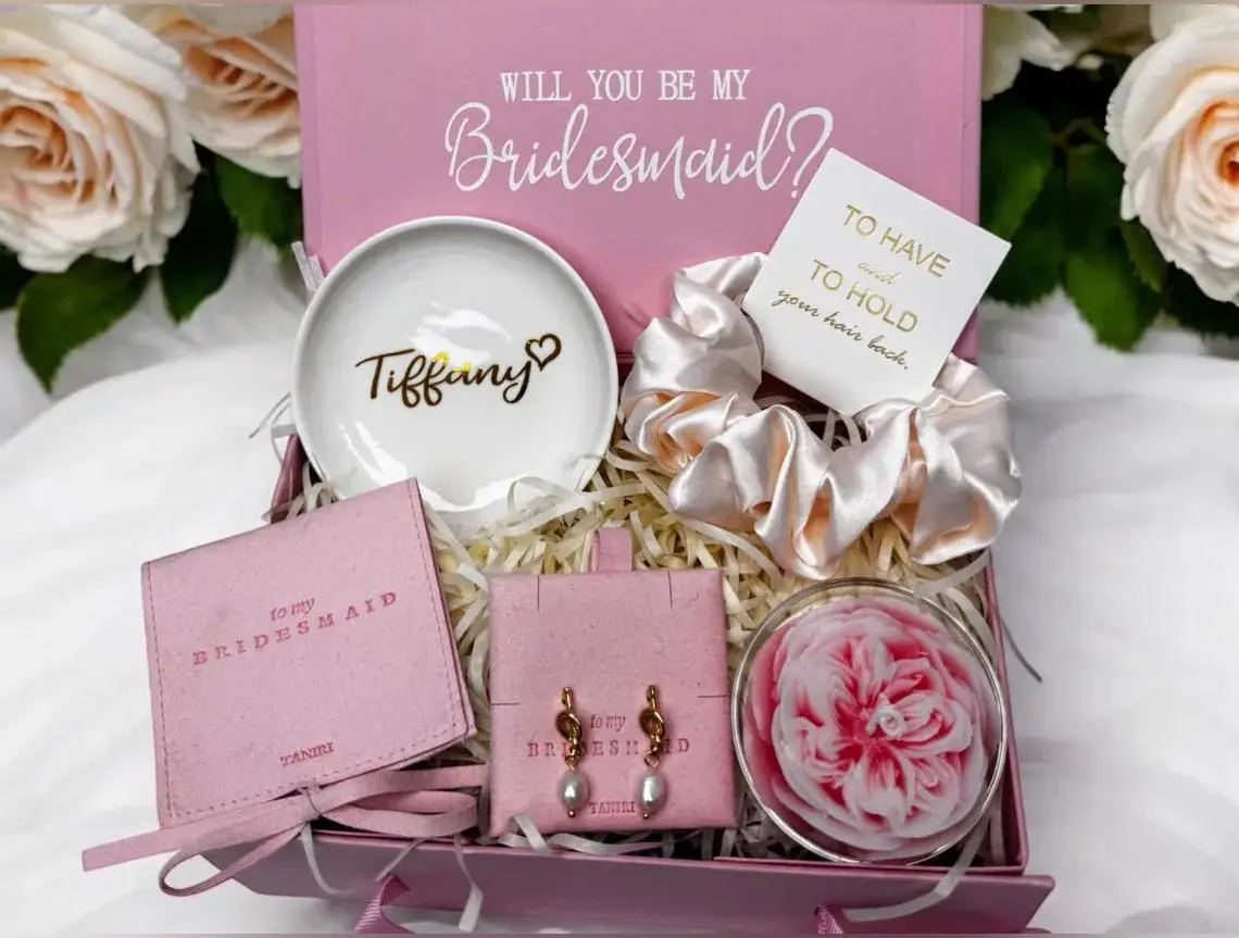 Taniri Elegant Personalized Bridesmaid Proposal Gift Set - 18K Gold-Plated Pearl Drop Earrings, Custom Jewelry Dish, Silk Scrunchies, Scented Floral Candle, Pouch - Wedding Gift Keepsake
