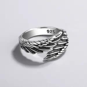 Vintage Distressed Feather Ring, Boho Thai Silver Adjustable Jewelry, European American Style Simple Elegant Costume Accessory for Women stainless steel