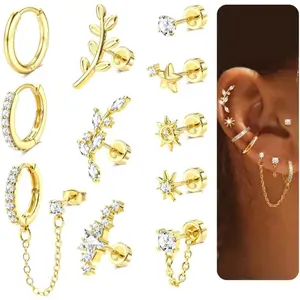 Florideco 11Pcs 20G Cartilage Earrings for Women, Helix Piercing Jewelry, Surgical Steel Gold Plated Flat Back Studs & Hoop Earrings, Stackable Earring Set for Daith, Tragus and Conch