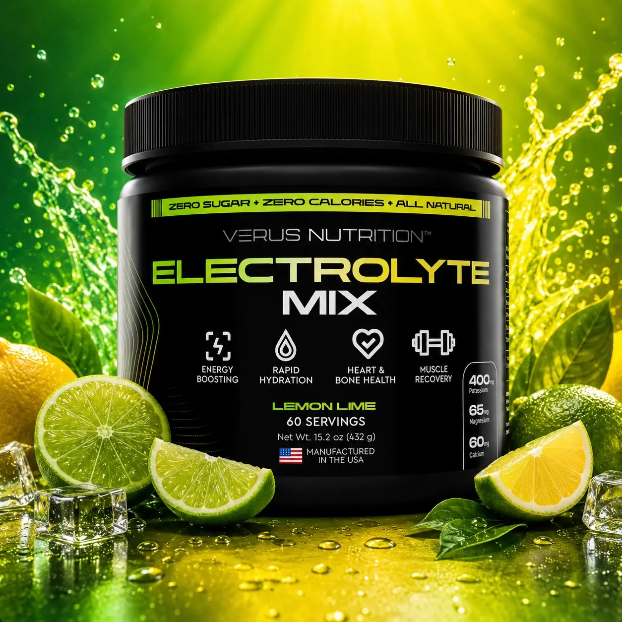 Electrolyte Hydration Powder - Lemon Lime, 0 Calorie, Sugar Free, Natural Mineral Ingredient Mix for Keto & Vegan