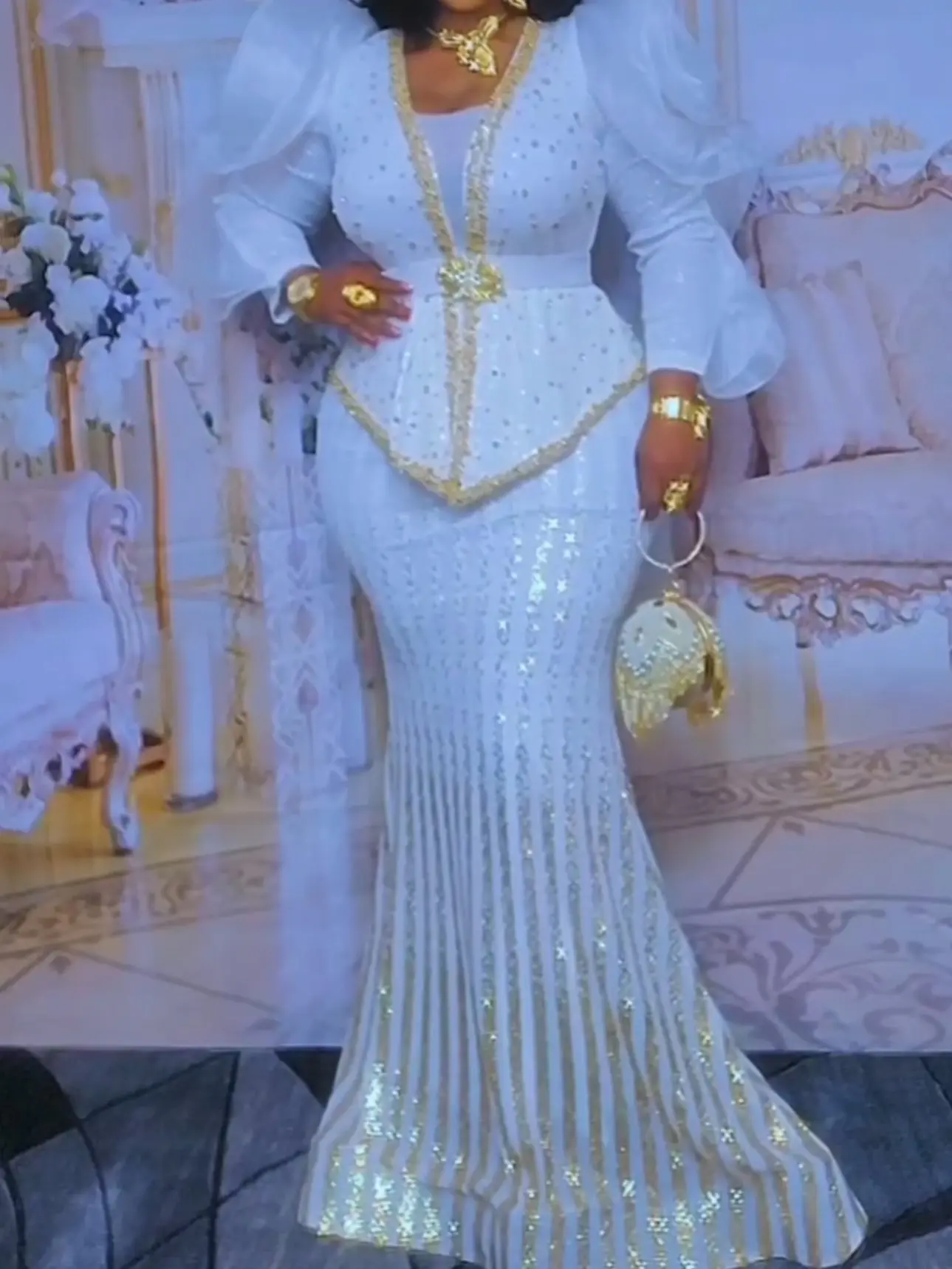 White Sequin Embellished Ruffle Sleeve Peplum Maxi Dress for Wedding Guest  Mother of The Bride Mermaid