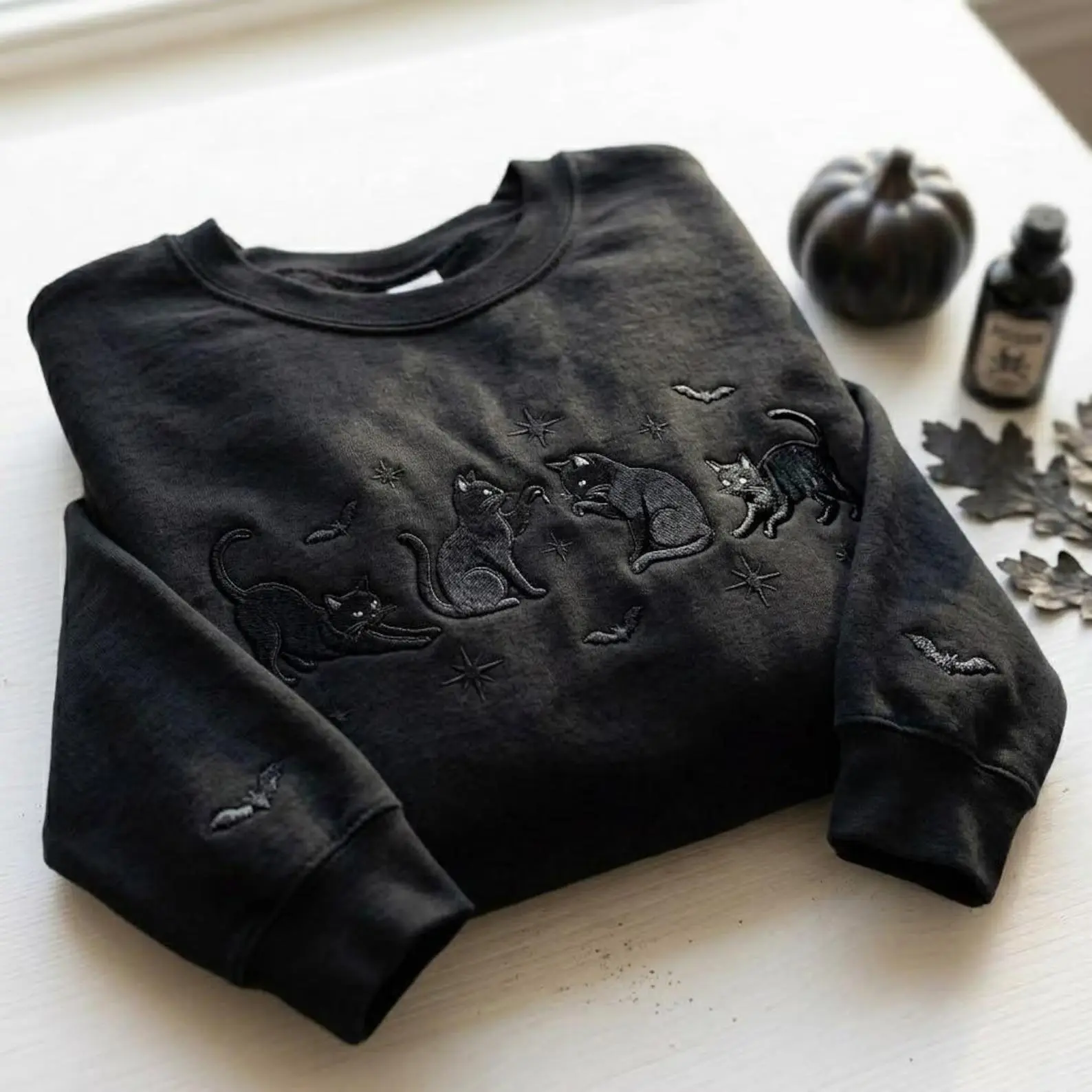 Black Cat Embroidered Sweatshirt, Halloween Cat Crewneck, Spooky Season Sweater