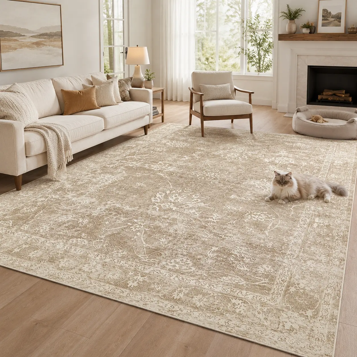 ComiComi Beige Vintage Minimalist Floral Area Rug - High-Density Low-Pile, Machine-Washable, Waterproof, Non-Slip, Stain-Resistant Soft Carpet for Living Room, Bedroom, Home Decor