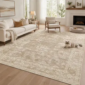 ComiComi Beige Vintage Minimalist Floral Area Rug, High-Density Low Pile Machine Washable Rug, Waterproof Non-Slip Stain Resistant Soft Carpet for Living Room, Bedroom, Dining Room, Decor Item