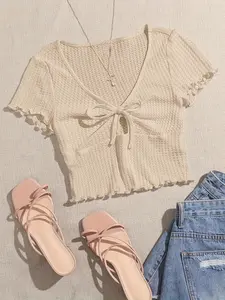 Women's V Neck Short Sleeve Top, Cute Simple Solid Color Casual Shirt, Versatile Summer Fashion, European Style Texture Design Garment, Blouse