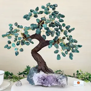 Green Quartz 14" Tall Bonsai Gemstone Tree, Amethyst Base, 180 Gems #5404GRNQ