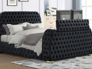 B01-BK Black Tufted Velvet Queen Bed Frame with TV Lift & Visual Fireplace in Footboard Modern Aesthetics 71" W x 103.5" D x 58" H