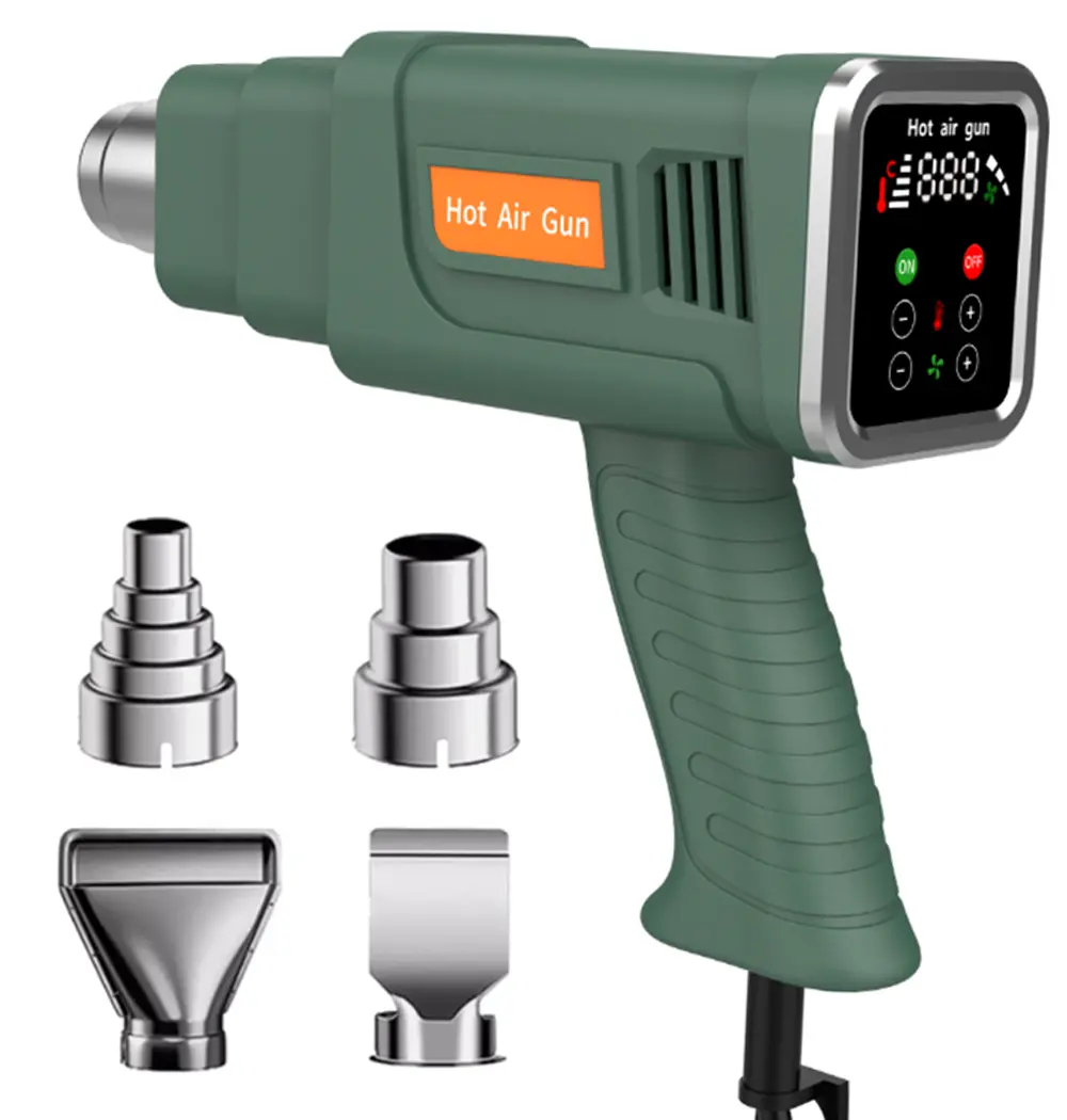 LCD Heat Gun 2000W 122℉-1202℉（50℃- 650℃）Fast Heating Heavy Duty Hot Air Gun Kit Variable Temperature Control Overheat Protection with 4 Nozzles for Crafts, Shrinking PVC, Stripping Paint, 3D Printing - Green