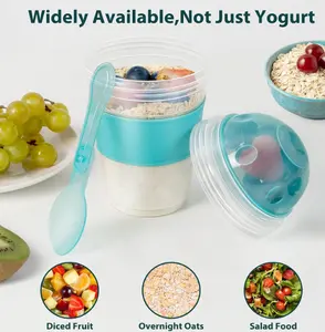 Yogurt Parfait Cups with Lids 2 Pack 20 oz Reusable Overnight Oats Containers with Lids Topping Compartment & Spoon to Go for Breakfast Meal Prep Portable Lightweight Blue Green