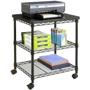 Safco Deskside 3 Tier Rolling Cart Printer Stand, Mobile Utility Table for Home Office with Steel Shelves, Black
