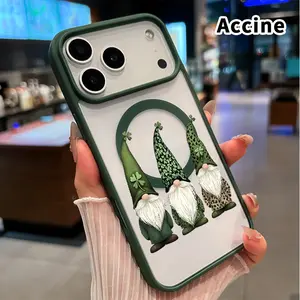 Magnetic Phone Case for iPhone 17 Pro Max 16 Plus 15 14 13 12 11 Air E St. Patrick‘s Day Lucky Gnome Trio Pattern Transparent Acrylic Back TPU Edges Drop-Proof Lightweight Cover
