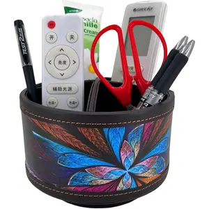 PU Leather Round TV Remote Control Holder for Table,360? Swivel Office  Desktop Organizer,4 Compartments Phone/Pen/Pencil Holder,Suitable for Stationery/Heater Controllers Etc