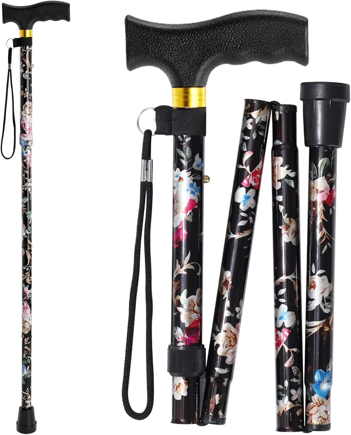 Halloween Gift  Folding Walking Cane for Men & Women – 5-Level Adjustable Height Walking Stick with Comfortable T-Handle, Lightweight Portable Mobility Aid, Collapsible Cane for Seniors, Daily Use & Travel