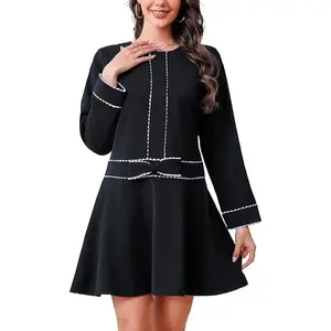 Kedera Women's Bow Mini Dress Long Sleeve Ruffled Dress Crew Neck Lace Dress Elegant Cocktail Party Dress