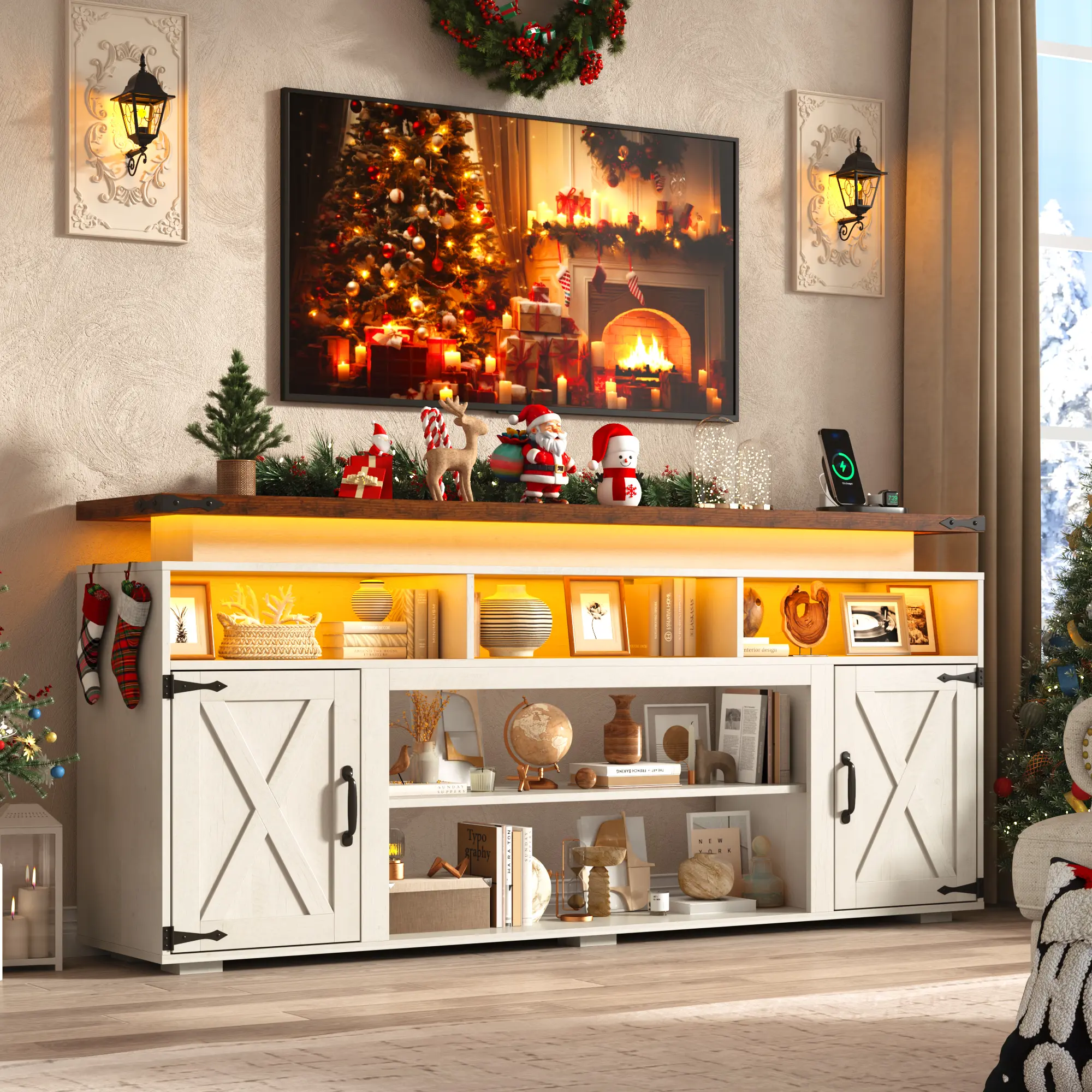 70.8" Farmhouse TV Stand w/Power Outlets for 70/75/80 Inch TV, 32" Tall Entertainment Center w/LED Lights, Rustic Media Console w/Sliding Barn Door for Living Room,Antique White/Brown