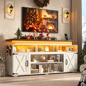 70.8" Farmhouse TV Stand w/Power Outlets for 70/75/80 Inch TV, 32" Tall Entertainment Center w/LED Lights, Rustic Media Console w/Sliding Barn Door for Living Room,Antique White