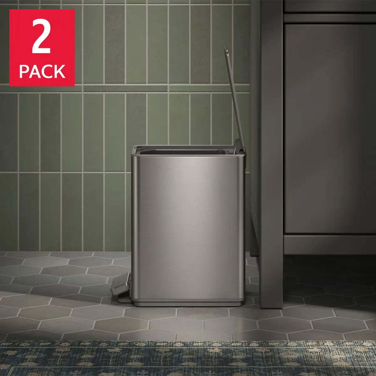 KOHLER 1.6-Gallon Step Trash Can 2-Pack Quiet-Close Space-Saving for Small Spaces, Fingerprint-Resistant Trash Bin with Hands-Free Metal Foot Pedal, Removable Plastic Liner & Bag Tabs for Bathroom, Home Office, Wall