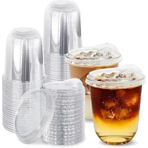 60 Pack Clear Cups with Strawless Sip Lids,16 oz Disposable PET Crystal Iced with Lids,Round Bottom Cup for Iced Coffee Juice Smoothie Cold Beverage Coffee Shops and