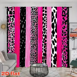 2D Flat 2Pcs Chic Pink Black White Animal Print Vertical Stripe Curtains, Semi-Sunshade Polyester for Living Room, Bedroom, Balcony, Study, Kitchen Window Decoration, Anti-Privacy, Fashionable Decor .