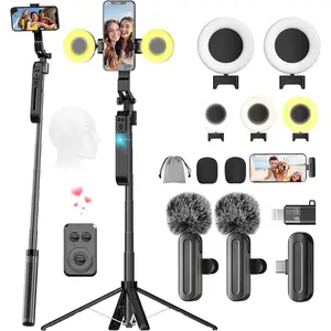 Phone Tripod with Light  Microphone, 71" Auto  , 360? Rotatable,  Remote, No App Needed, Vlogging Kit for  Android YouTube  Live Streaming