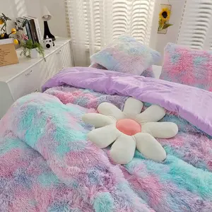 Purple Tie Dye Faux  Duvet Cover Set  Size Colorful Rainbow Plush Shaggy Bedding Set Ultra Soft Fluffy  Comforter Cover for Teens Girls (Purple Ombre, )