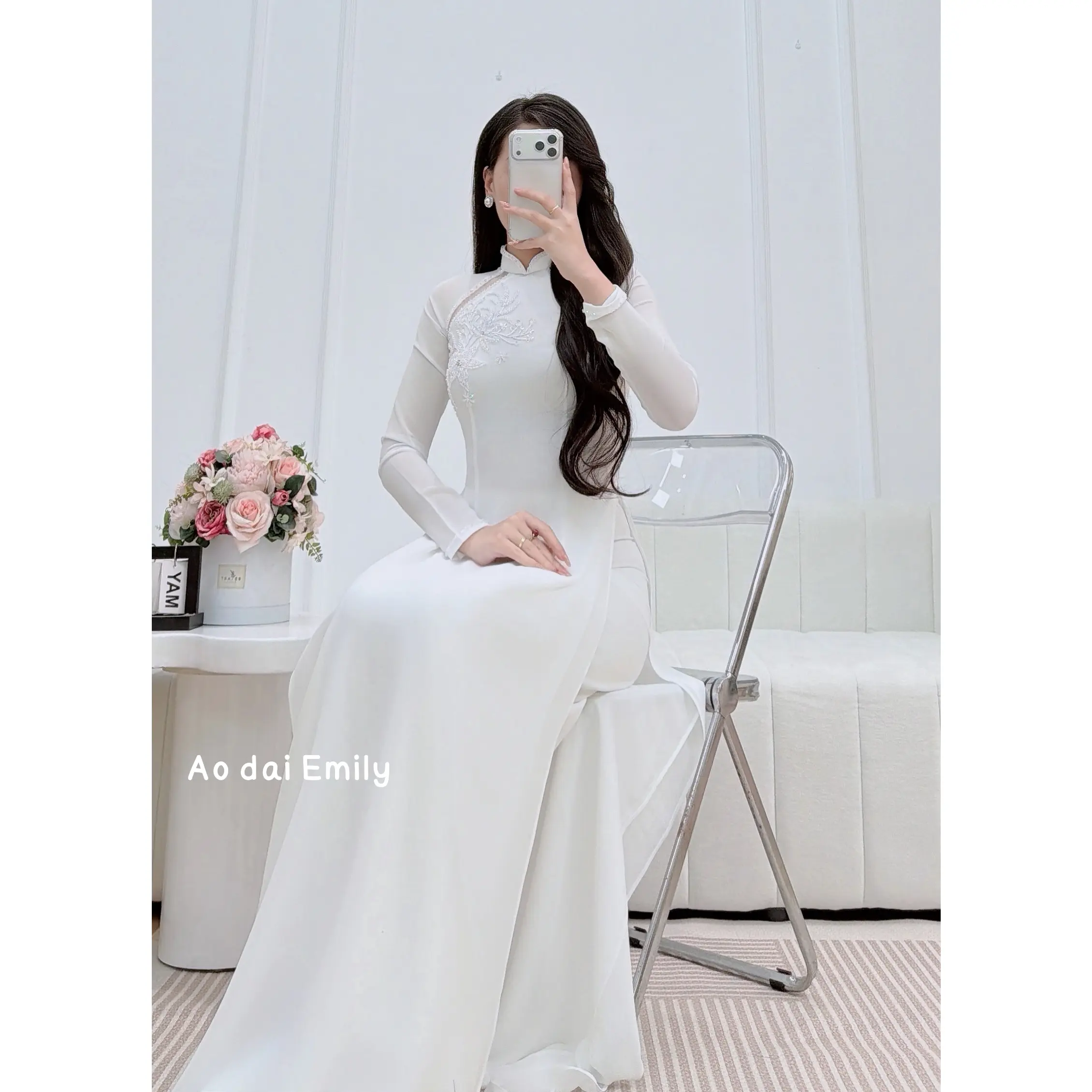 White Ao dai with cut out designed crystals|Cliffbush