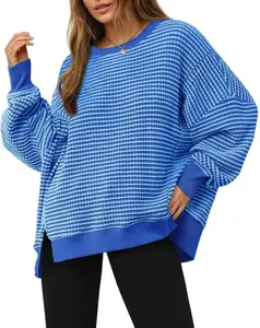 Women's Fall Oversized Sweatshirt Casual Waffle Knit Long Sleeve Crewneck Split Pullover Tunic Tops Fashion Loose