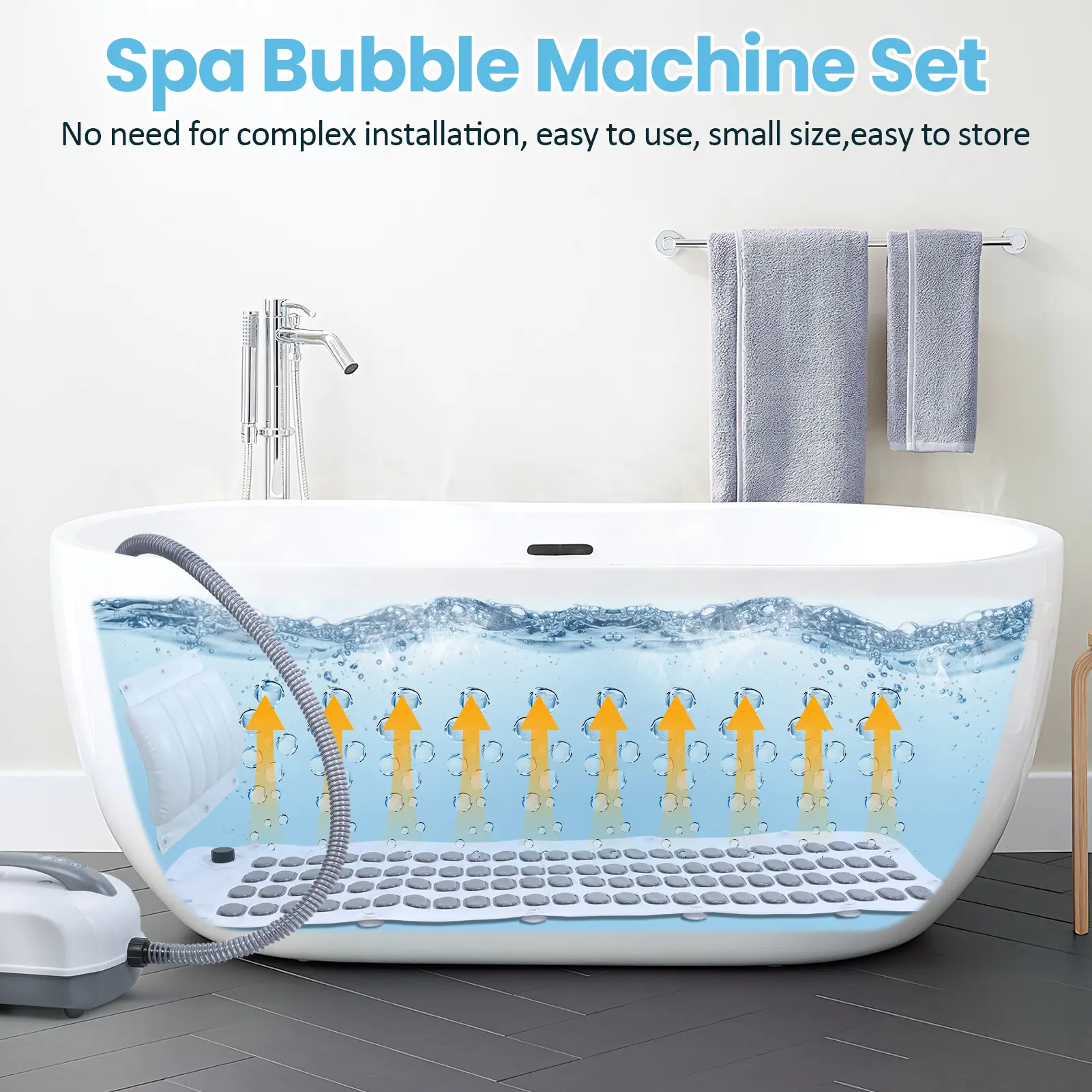 Portable Spa Bubble Bath Mat, Full Body Bubbling Bath Mat with Remote & Pillow, Electric Air Pump & Adjustable Bubble Settings, Bathtub Bubble Machine
