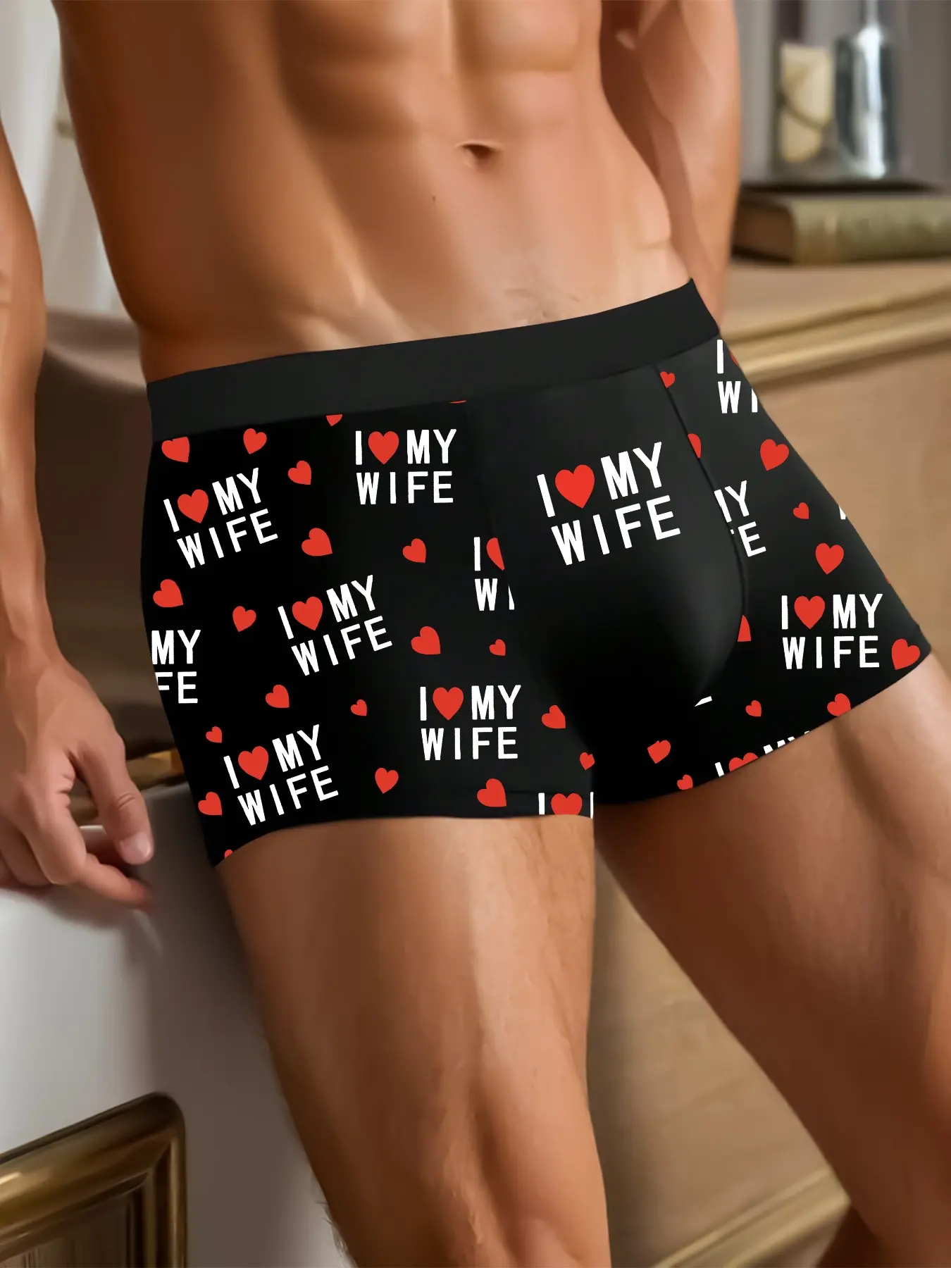 Men's Casual Breathable Briefs, Heart Print Boxers, I Love Wife Letter Print Casual Comfy Underwear, Valentine's Day Gift, Fitted Shorts, All Seasons