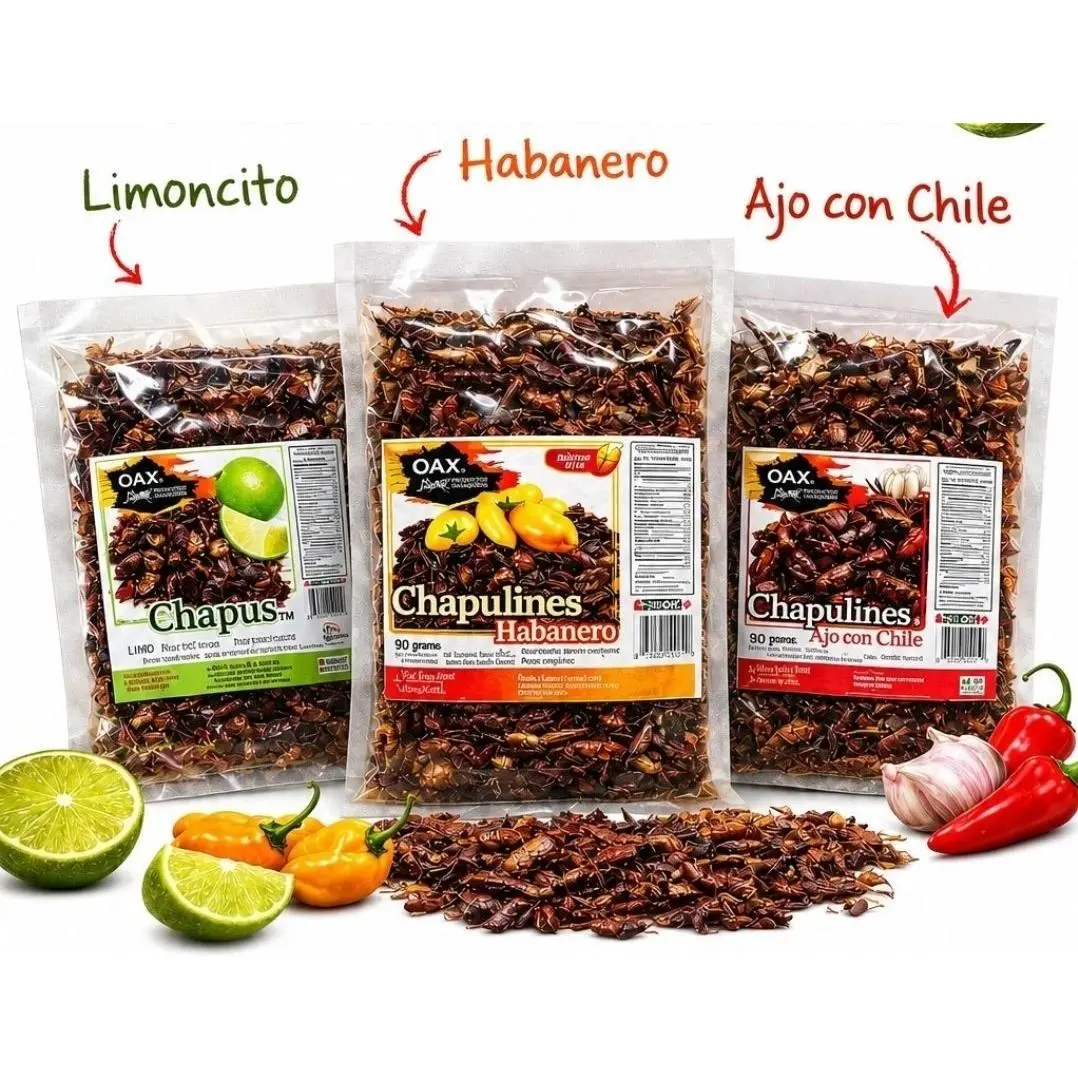 TRIO CHAPULINES 90gr each. 3 Flavors: HABANERO, LIMONCITO, PICOSITO  - Mexican Snack Perfect for Appetizers and Snacks