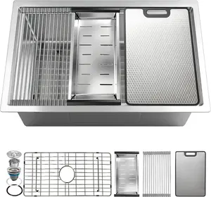 33 Inch Undermount Kitchen Sink, Stainless Steel Deep Single Bowl Workstation Sink, Integrated Ledge Design with Full Accessories