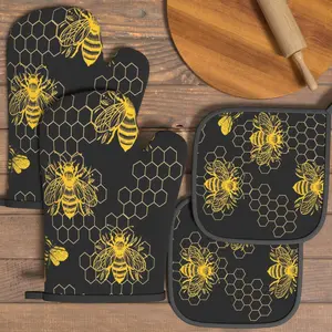 4pcs Heat Resistant Oven Mitts And Potholders Bee Illustration Oven Mitts And Pot Holders Sets Suitable For Kitchen Decoration, Cooking, Grilling, Baking And Great Holiday Camping Picnics Gifts