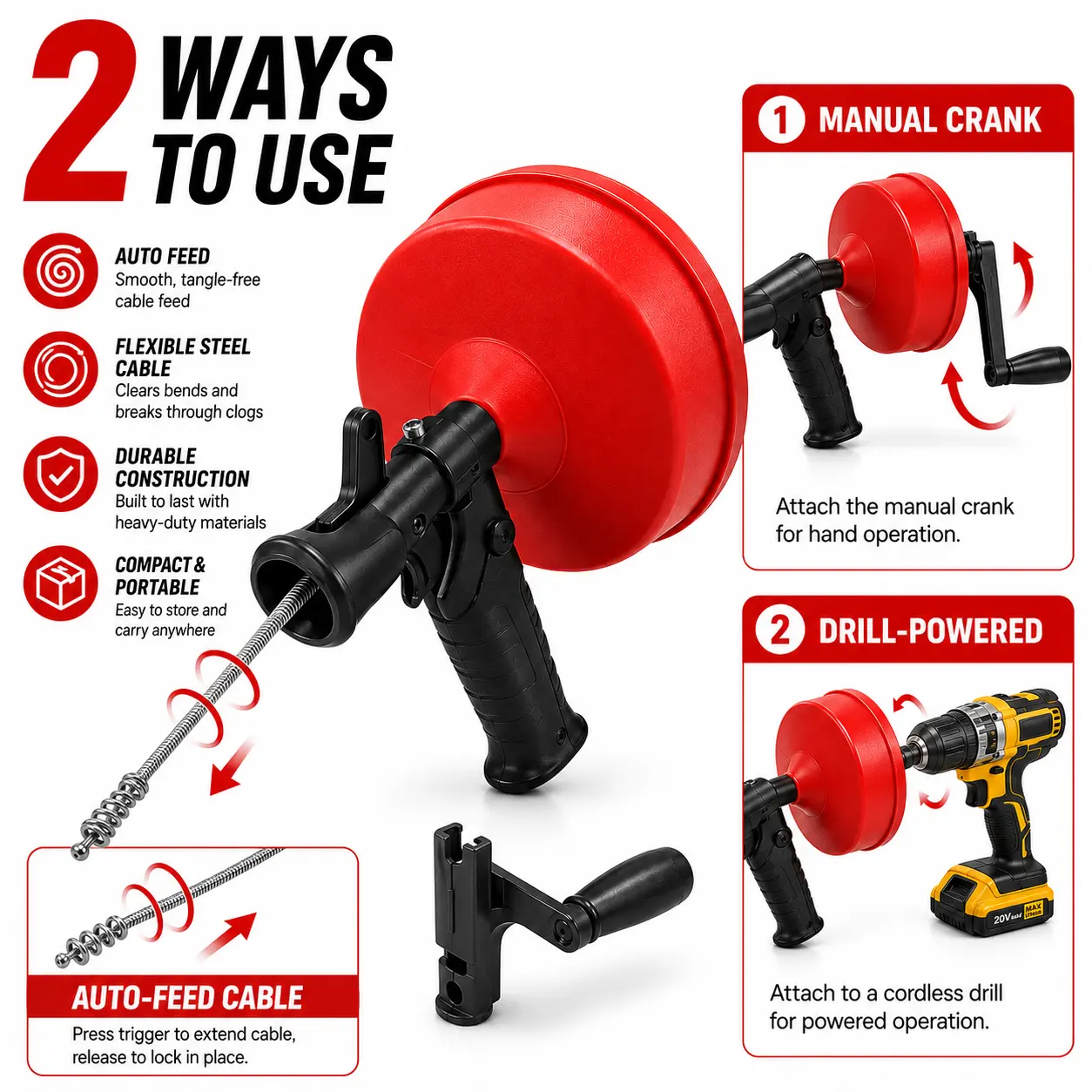 Heliwoo 2-in-1 Drain Snake Auger Tool, Manual & Drill Powered Drain Cleaner, Auto Feed Cable for Sink & Pipe Clogs