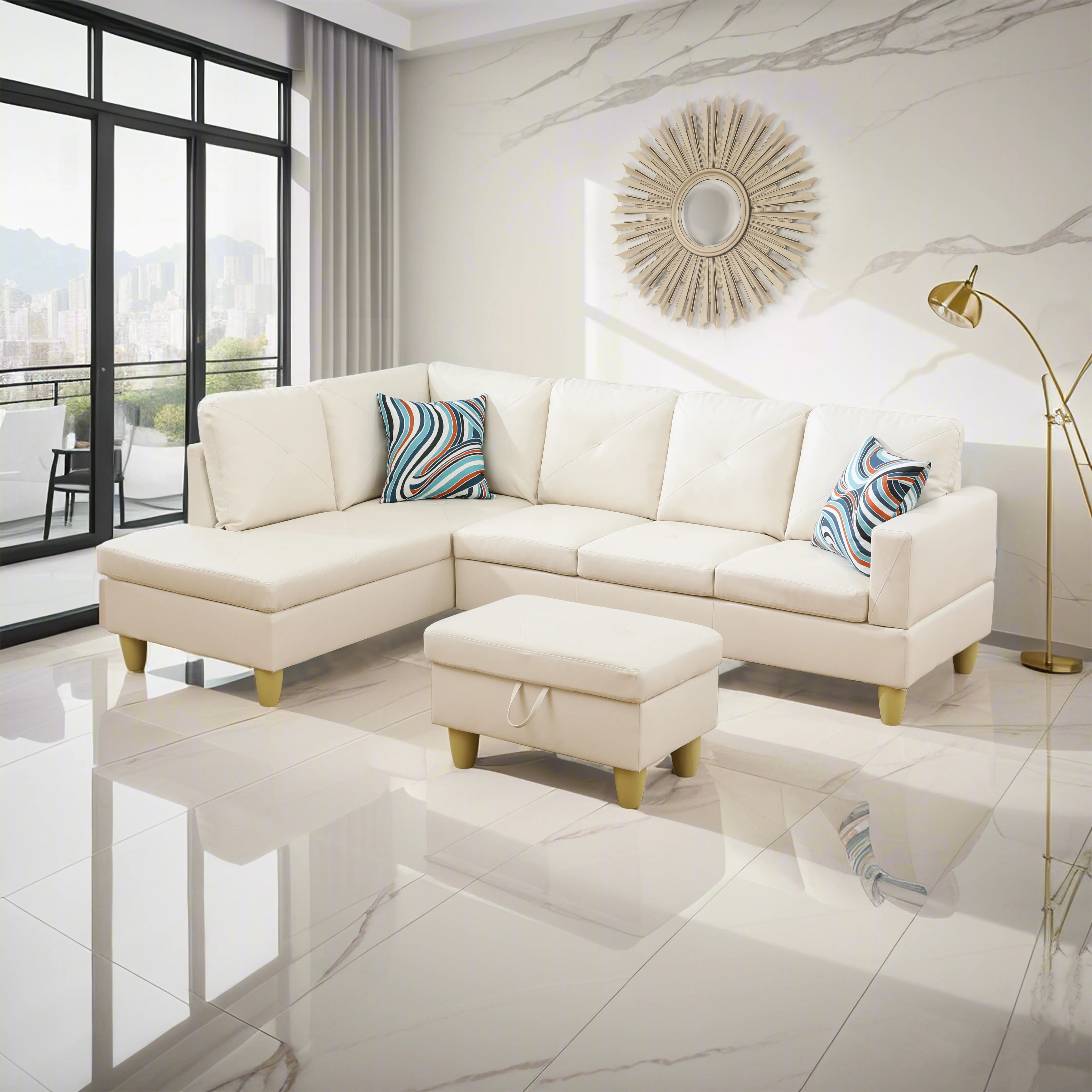3-Piece White Faux Leather Modern Divideable Durable Sectional Sofa Set - Elegant Indoor Living Room Furniture with Plush Seating for Contemporary Settings, Elegance