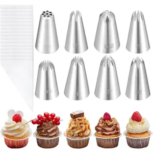 8 PCS Large Piping Tips Set with Bags, Wilton Piping Tips, Stainless Steel Icing Kits for Cake Decorating, Frosting, Multi-opening, Various Models