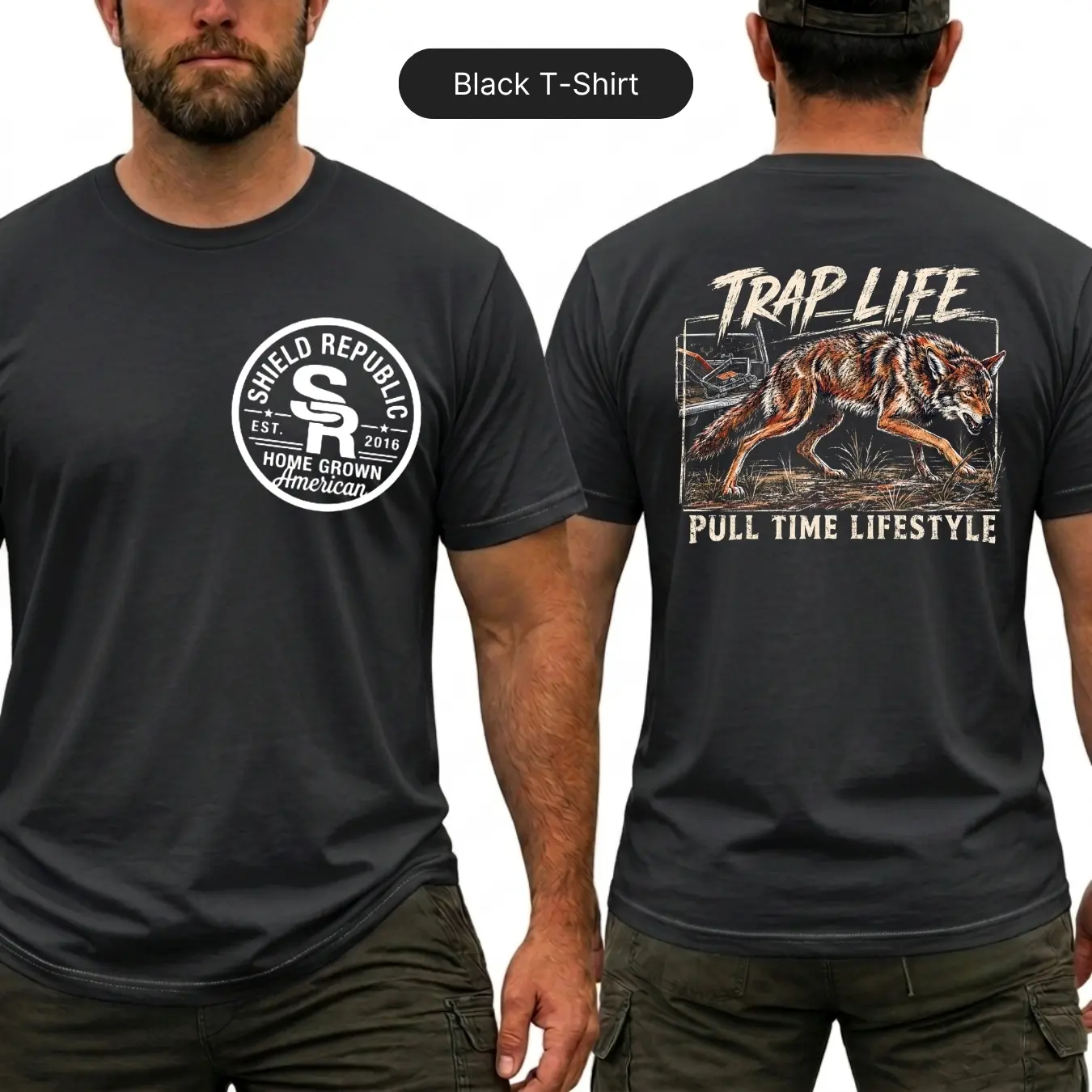 Shield Republic Trap Life Coyote Graphic T-Shirt, Pull Time Lifestyle Outdoor Trapping Shirt, Front Chest Logo and Large Back Print Trapper Tee, Home Grown American Apparel, Outdoor Hunting Gift for Men and Women