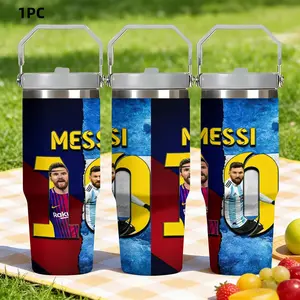 1pc 30oz Stainless Steel Insulated Water Bottle, Football Legend Souvenir | Messi No. 10 Double Team Glory Theme Large Capacity Water Bottle with Handle and Straw, Suitable for Outdoor, Sports, and Indoor Use. A Perfect Gift for Football Fans