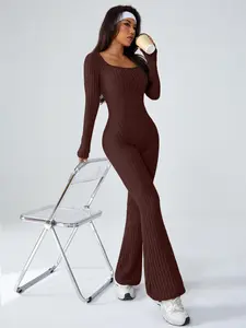 Women's Large U-Neck Long Sleeve Spring Summer Knit Wide Ribbed Texture Yoga Jumpsuit, Sporty Comfy Jumpsuit, Casual Fashion Home Commute Wear