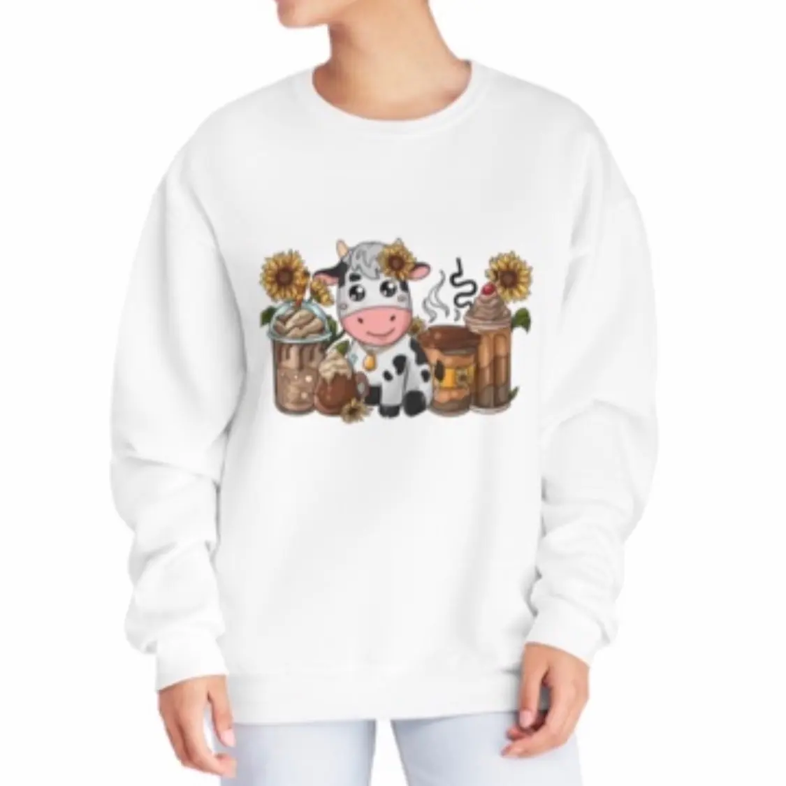 Cowfecito Crewneck Hoodie Sweaters Sweatshirts cow crewneck Cotton White Casual
