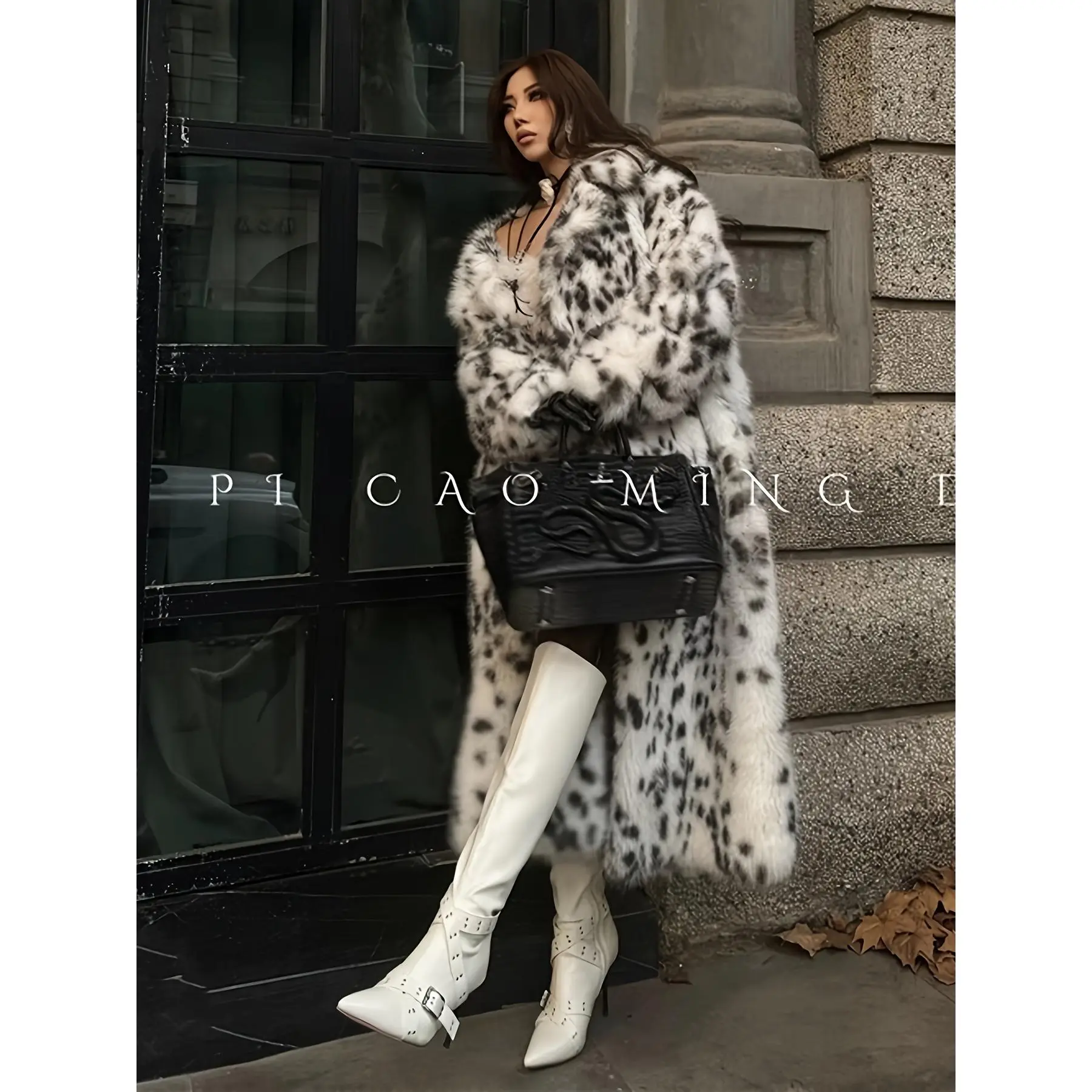 Women's Faux Coat, Lynx Pattern Faux Fox Thickened Long Leopard Print Coat with Suit Collar, Winter Loose Fashionable Trendy Style